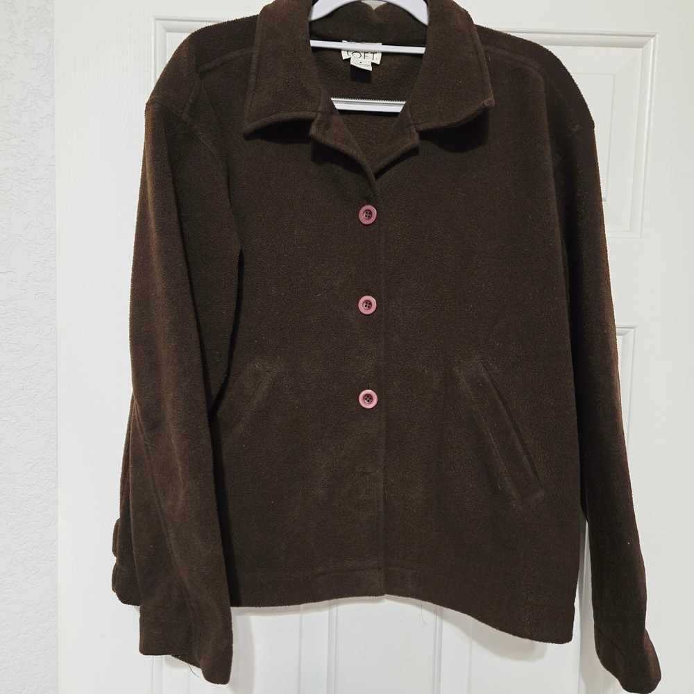 LOFT Brown Fleece Button Up Collared Jacket Size‎ S